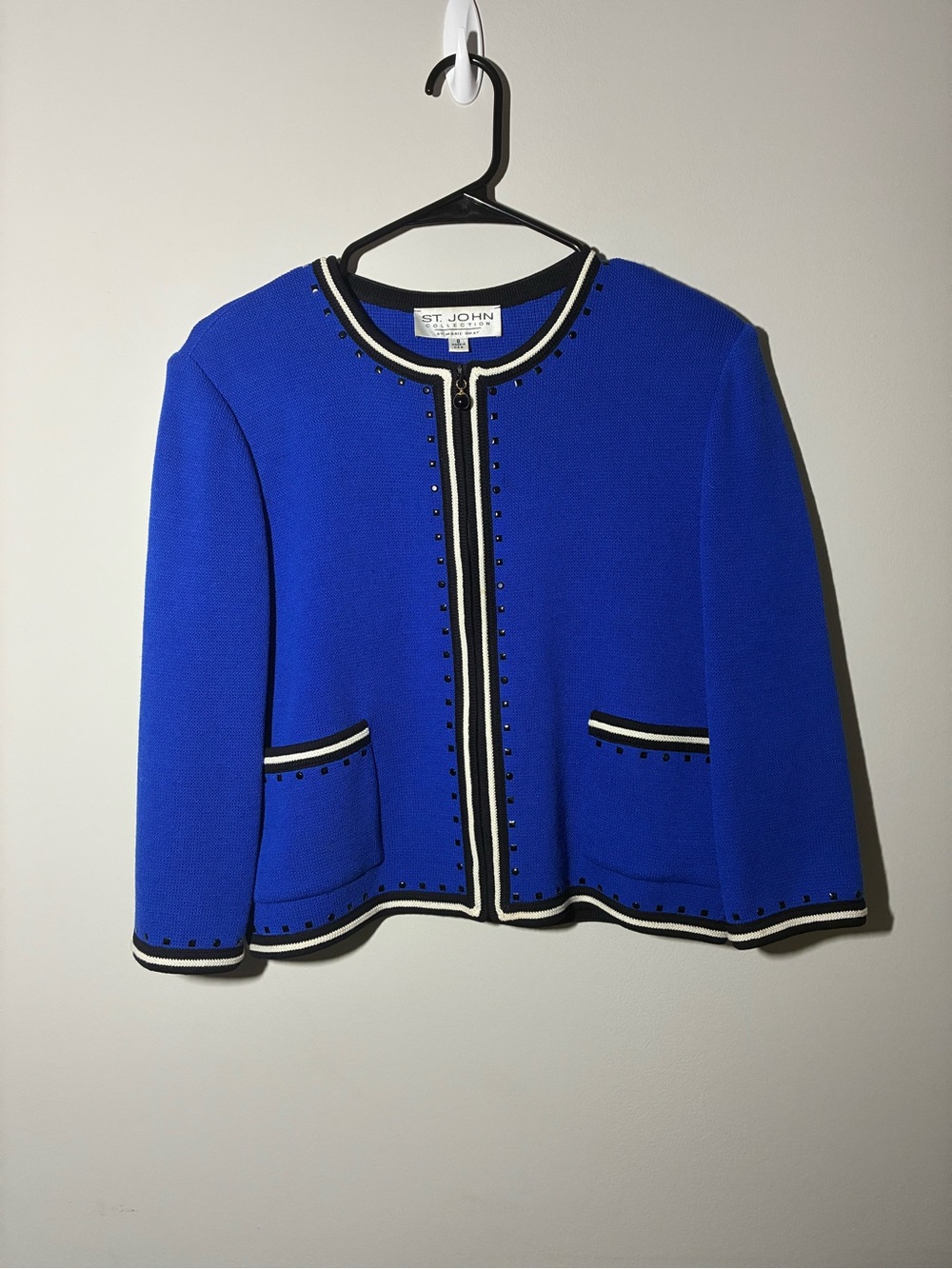 St. John Royal Blue Collarless Knit Jacket with Black & White Trim
